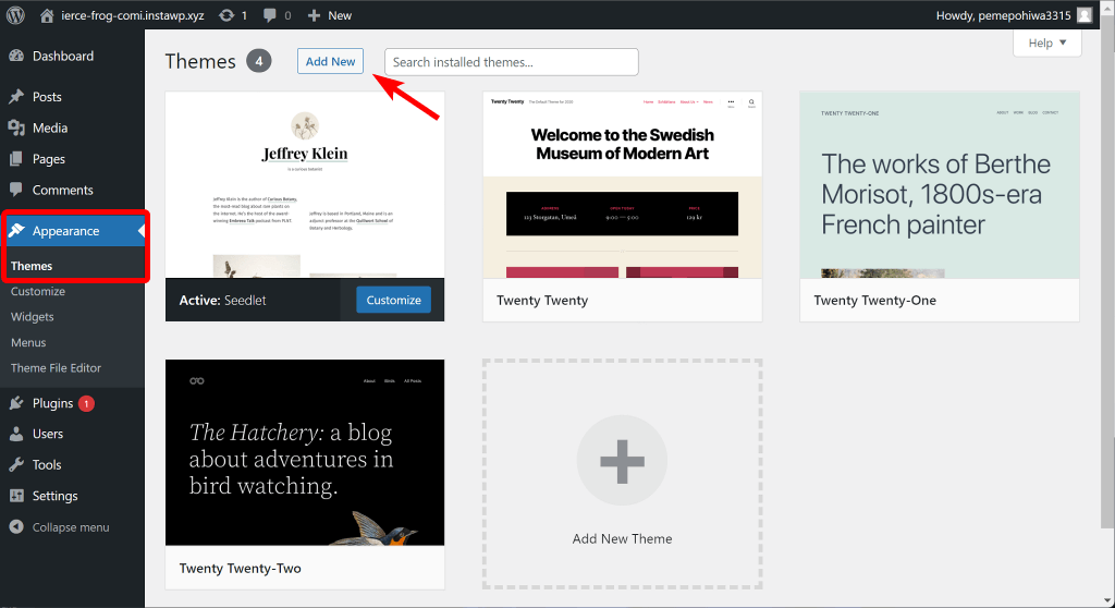 Install a WorrdPress theme by navigating to Appearance