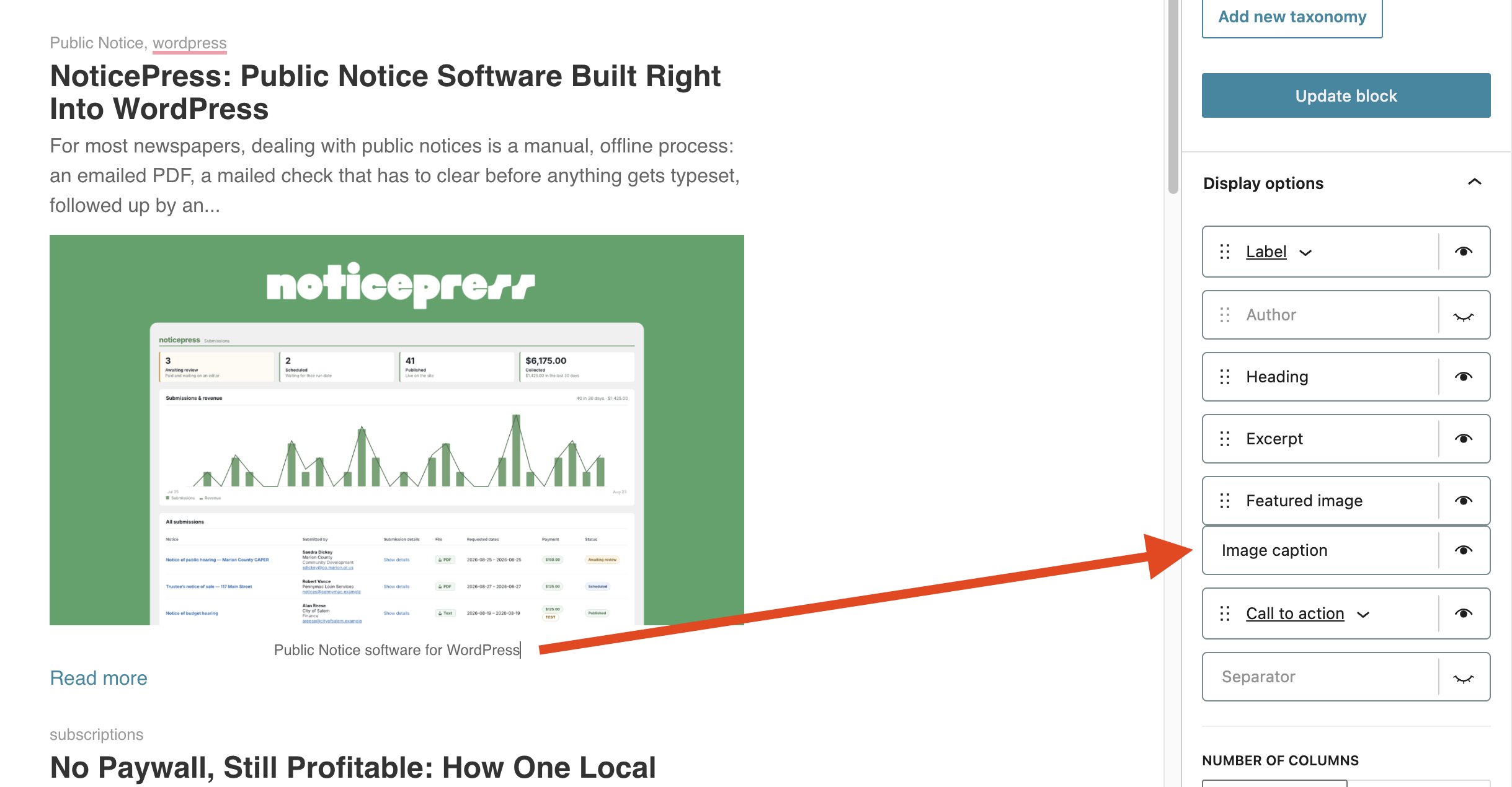 The Image caption toggle in the block's Display options
