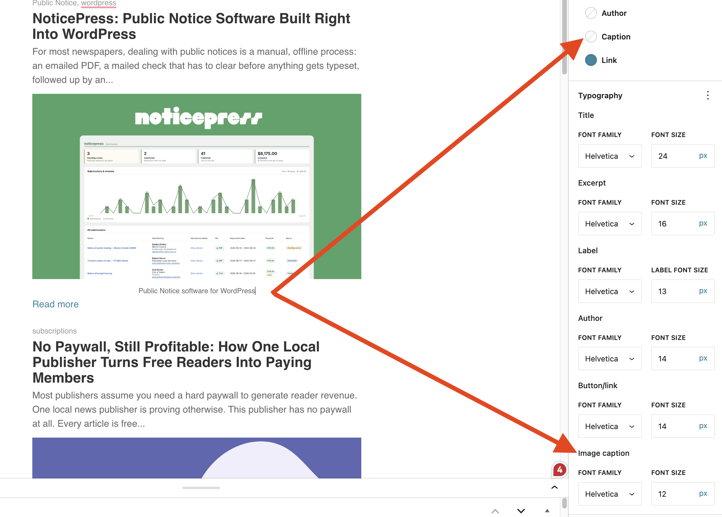 Caption color and font options in the block settings